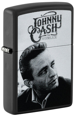 Front view of ˫ Johnny Cash Black Matte Windproof Lighter standing at a 3/4 angle.